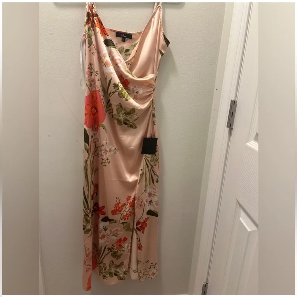 Lulu's Pink Floral Midi Dress with Coral Accents - Picture 3 of 6